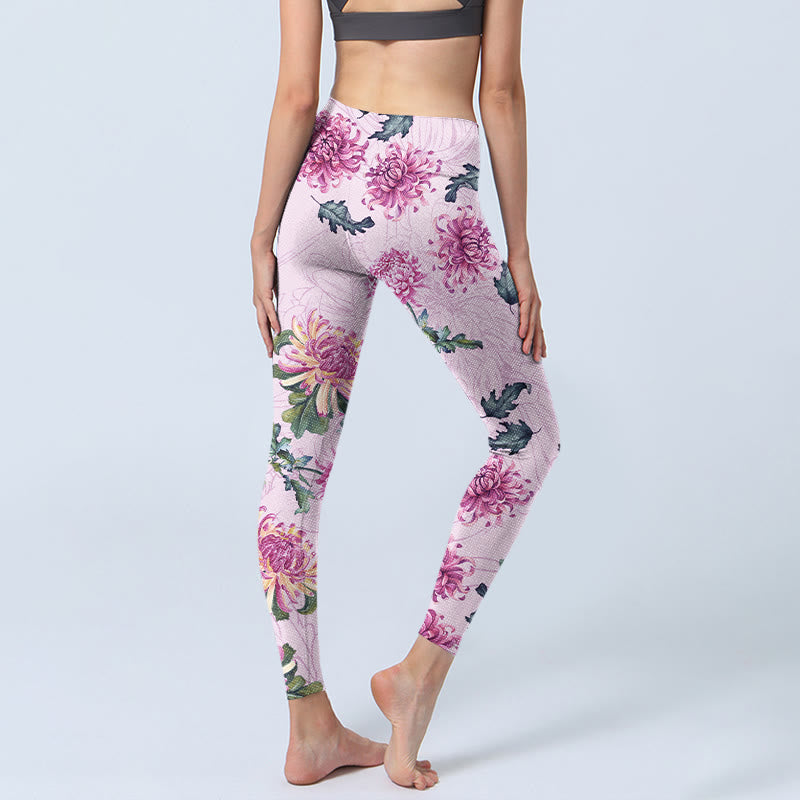 Leggings da palestra Buddha Stones Pink Chrysanthemum Pantaloni da yoga da donna - image 4