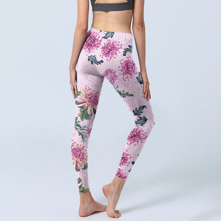 Leggings da palestra Buddha Stones Pink Chrysanthemum Pantaloni da yoga da donna - image 4