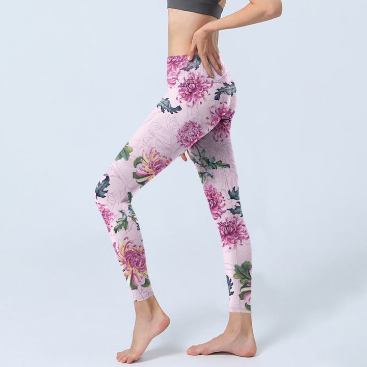 Leggings da palestra Buddha Stones Pink Chrysanthemum Pantaloni da yoga da donna - image 3