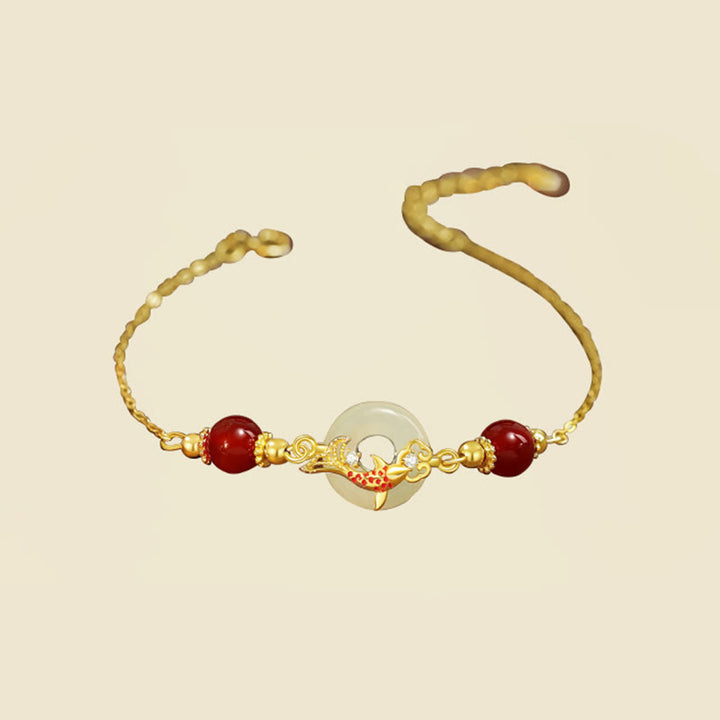 Buddha Stones Giada Hetian Naturale Argento Sterling 925 Placcato Oro Perline di Agata Rossa Pesce Koi Fibbia della Pace Braccialetto della Fortuna
