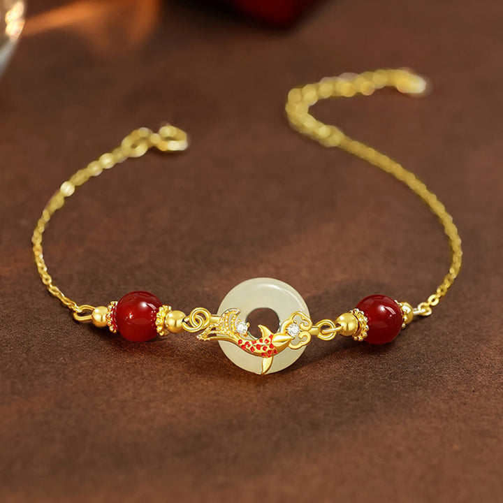 Buddha Stones Giada Hetian Naturale Argento Sterling 925 Placcato Oro Perline di Agata Rossa Pesce Koi Fibbia della Pace Braccialetto della Fortuna
