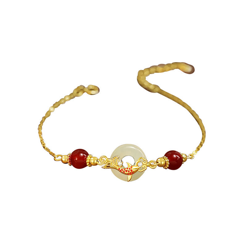 Buddha Stones Giada Hetian Naturale Argento Sterling 925 Placcato Oro Perline di Agata Rossa Pesce Koi Fibbia della Pace Braccialetto della Fortuna