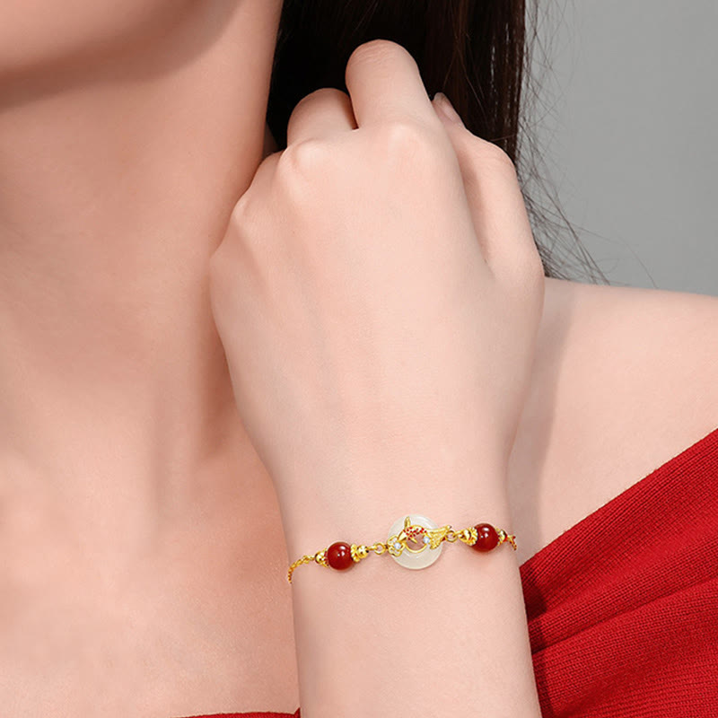 Buddha Stones Giada Hetian Naturale Argento Sterling 925 Placcato Oro Perline di Agata Rossa Pesce Koi Fibbia della Pace Braccialetto della Fortuna