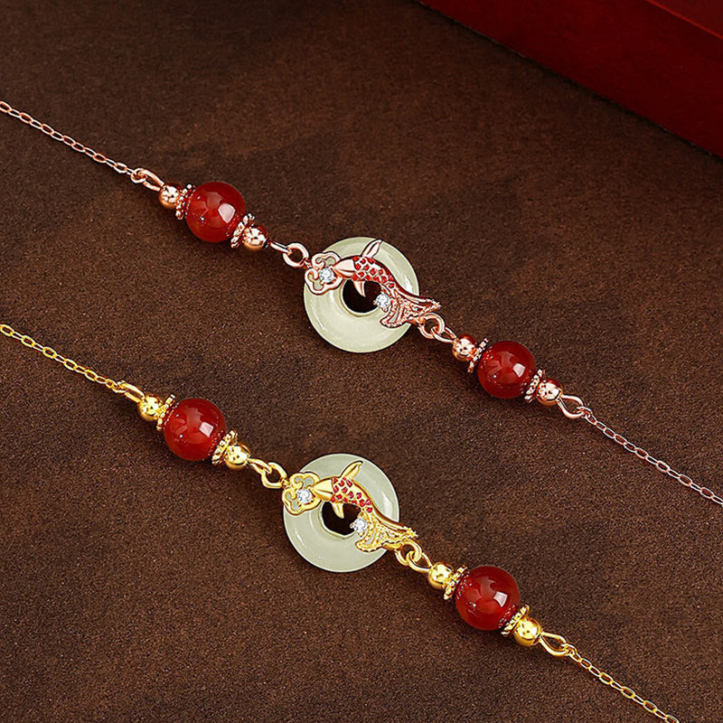 Buddha Stones Giada Hetian Naturale Argento Sterling 925 Placcato Oro Perline di Agata Rossa Pesce Koi Fibbia della Pace Braccialetto della Fortuna