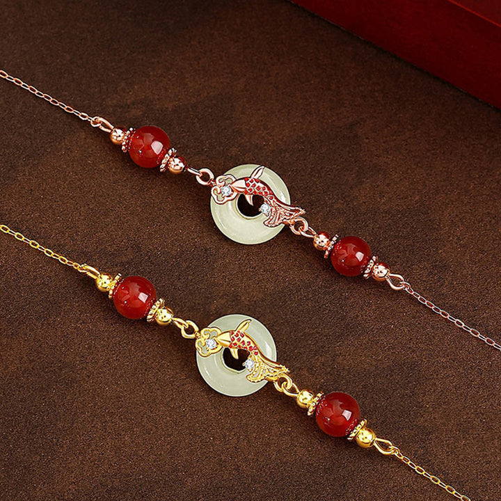 Buddha Stones Giada Hetian Naturale Argento Sterling 925 Placcato Oro Perline di Agata Rossa Pesce Koi Fibbia della Pace Braccialetto della Fortuna