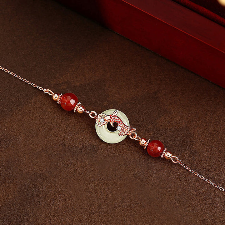 Buddha Stones Giada Hetian Naturale Argento Sterling 925 Placcato Oro Perline di Agata Rossa Pesce Koi Fibbia della Pace Braccialetto della Fortuna