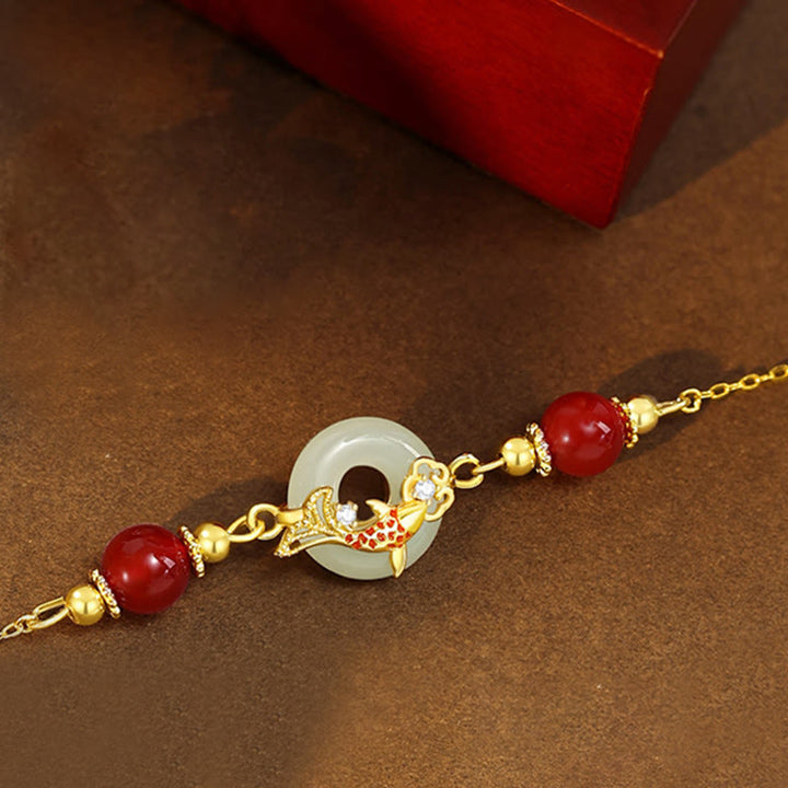 Buddha Stones Giada Hetian Naturale Argento Sterling 925 Placcato Oro Perline di Agata Rossa Pesce Koi Fibbia della Pace Braccialetto della Fortuna