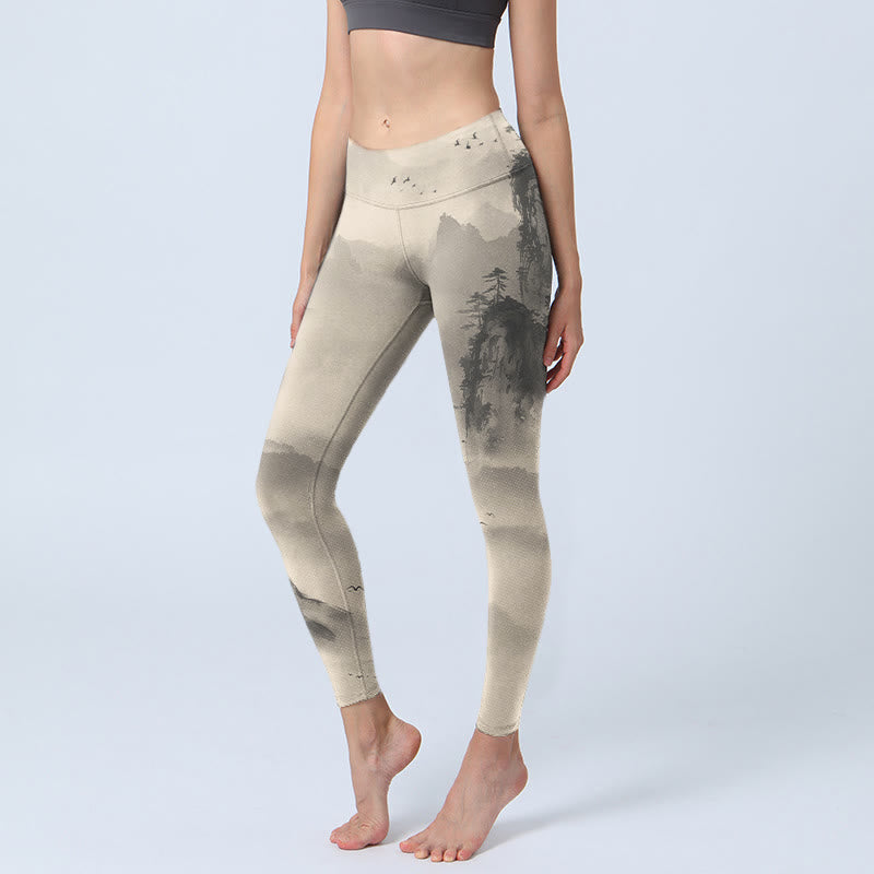 Buddha Stones Mountains Avvolto nella nebbia Leggings da palestra Wild Goose Pantaloni da yoga da donna - PaleGoldenrod - US18, UK/AU22, EU50 (4XL) - image 1