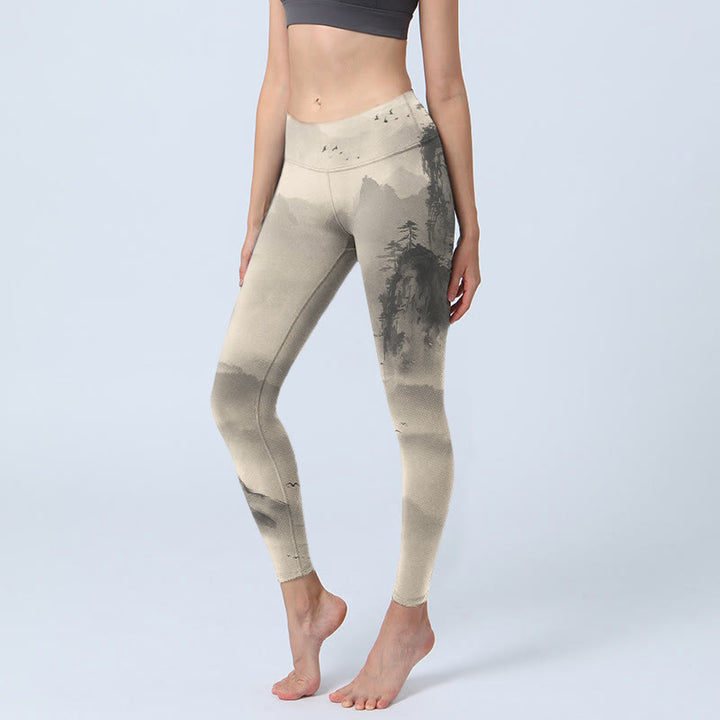 Buddha Stones Mountains Avvolto nella nebbia Leggings da palestra Wild Goose Pantaloni da yoga da donna - PaleGoldenrod - US18, UK/AU22, EU50 (4XL) - image 1