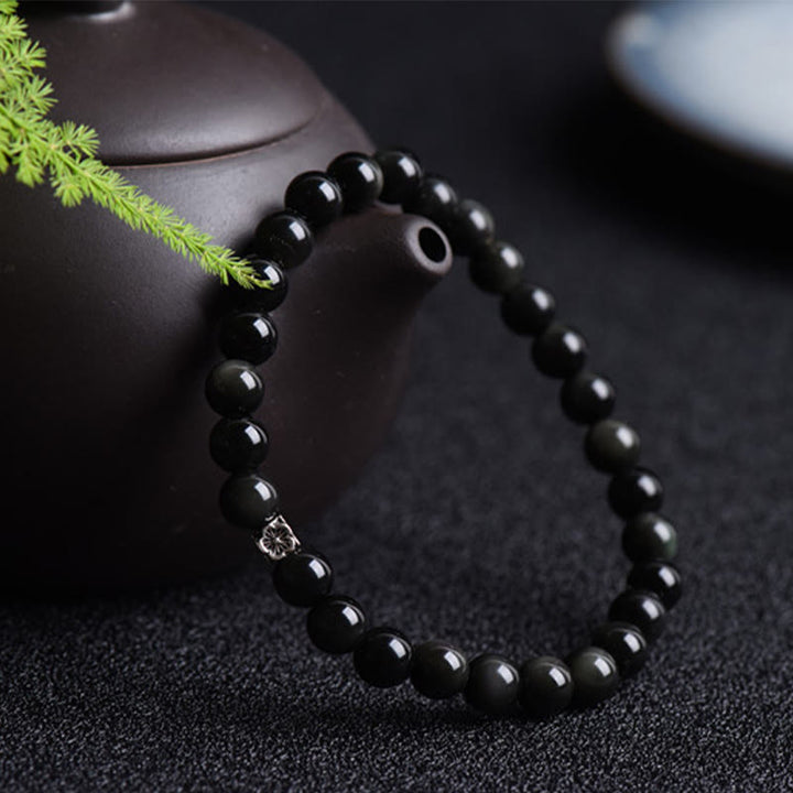 Braccialetto di purificazione Buddha Stones di ossidiana nera in argento sterling 925 e design floreale