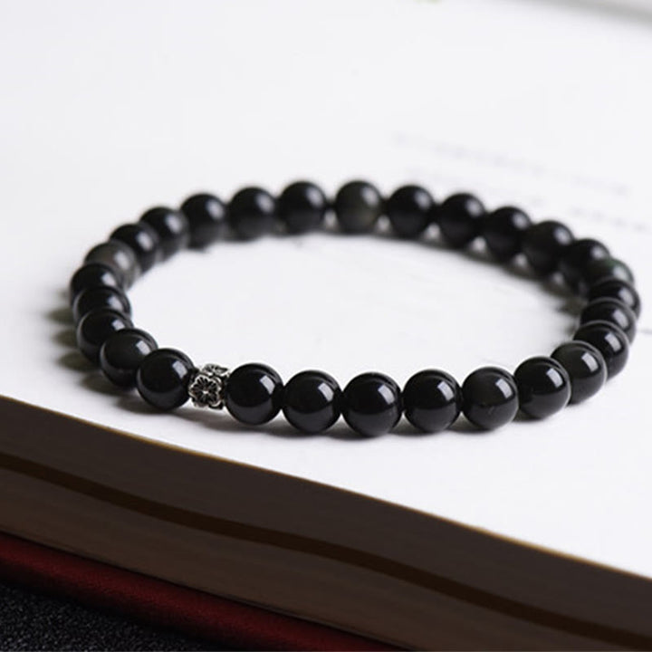 Braccialetto di purificazione Buddha Stones di ossidiana nera in argento sterling 925 e design floreale