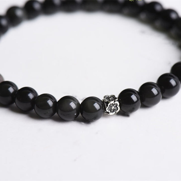 Braccialetto di purificazione Buddha Stones di ossidiana nera in argento sterling 925 e design floreale