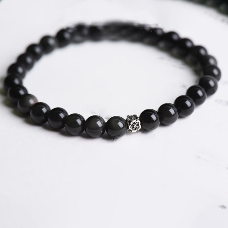 Braccialetto di purificazione Buddha Stones di ossidiana nera in argento sterling 925 e design floreale