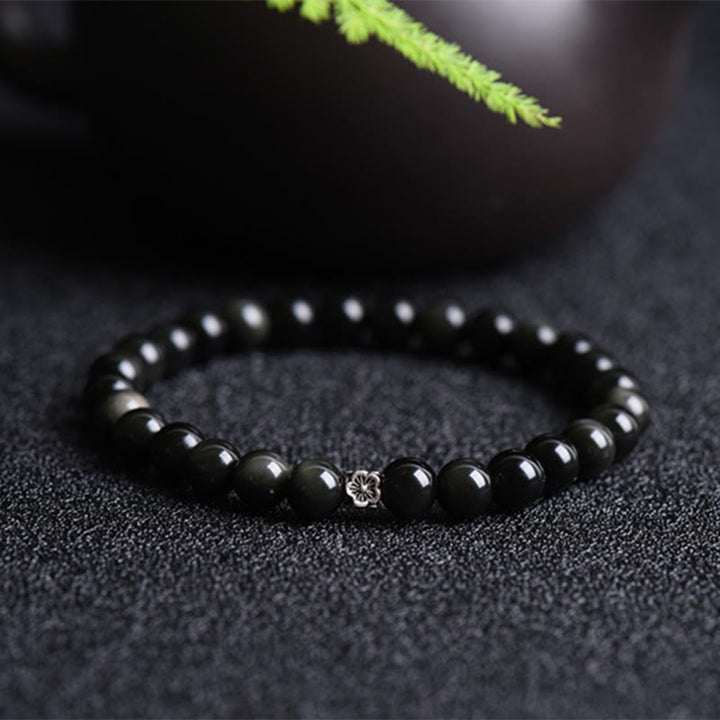 Braccialetto di purificazione Buddha Stones di ossidiana nera in argento sterling 925 e design floreale