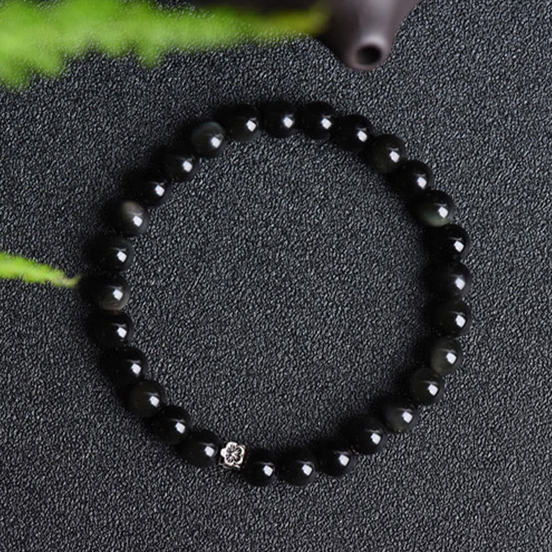 Braccialetto di purificazione Buddha Stones di ossidiana nera in argento sterling 925 e design floreale