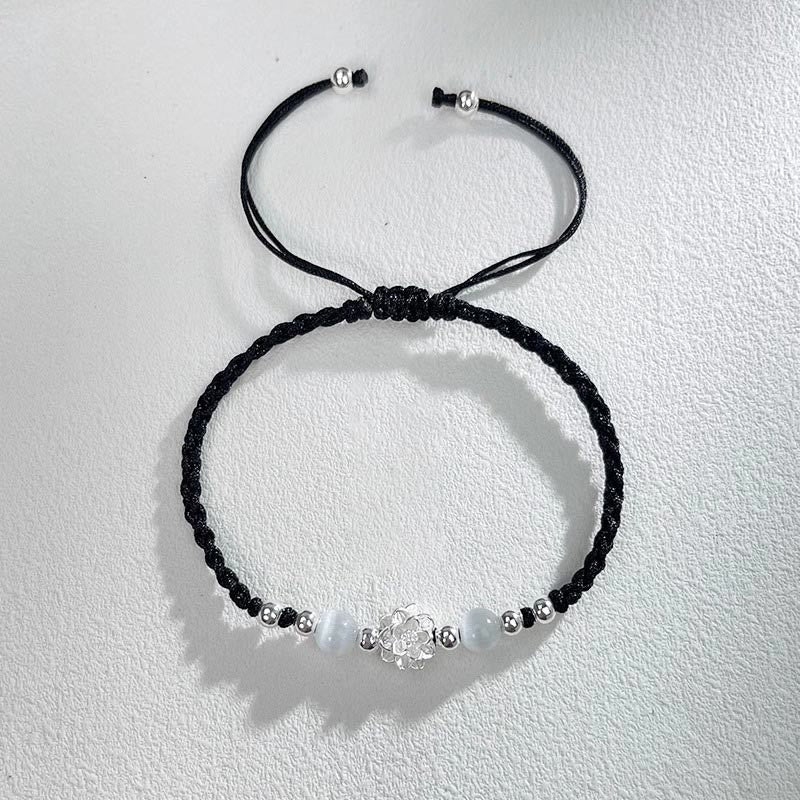 Braccialetto di protezione con perline occhio di gatto in argento sterling 999 con motivo a loto Buddha Stones - image 4