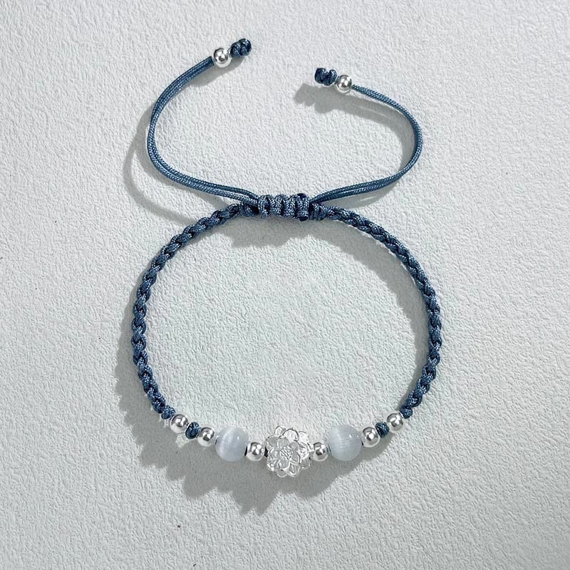 Braccialetto di protezione con perline occhio di gatto in argento sterling 999 con motivo a loto Buddha Stones