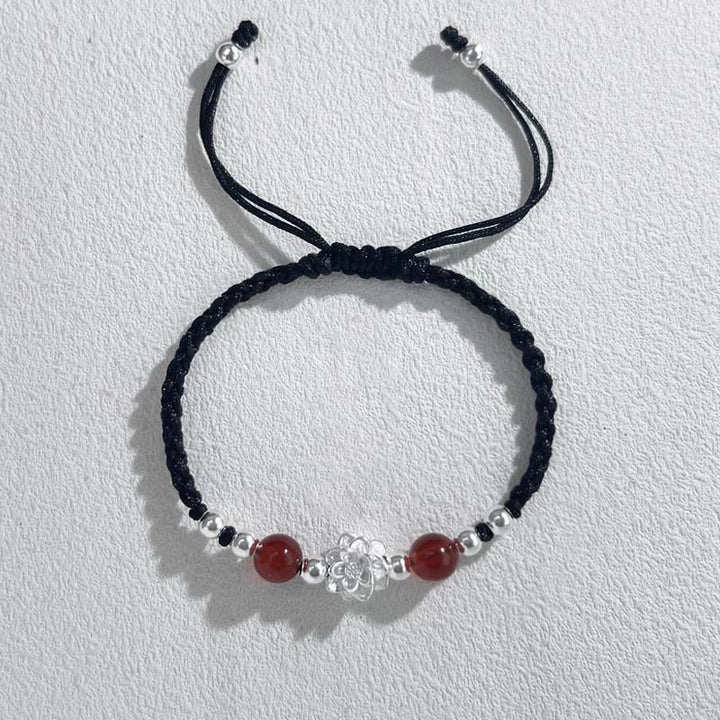Braccialetto di protezione con perline occhio di gatto in argento sterling 999 con motivo a loto Buddha Stones - Perlina rossa di loto nera (circonferenza del polso 15-18 cm) - image 8