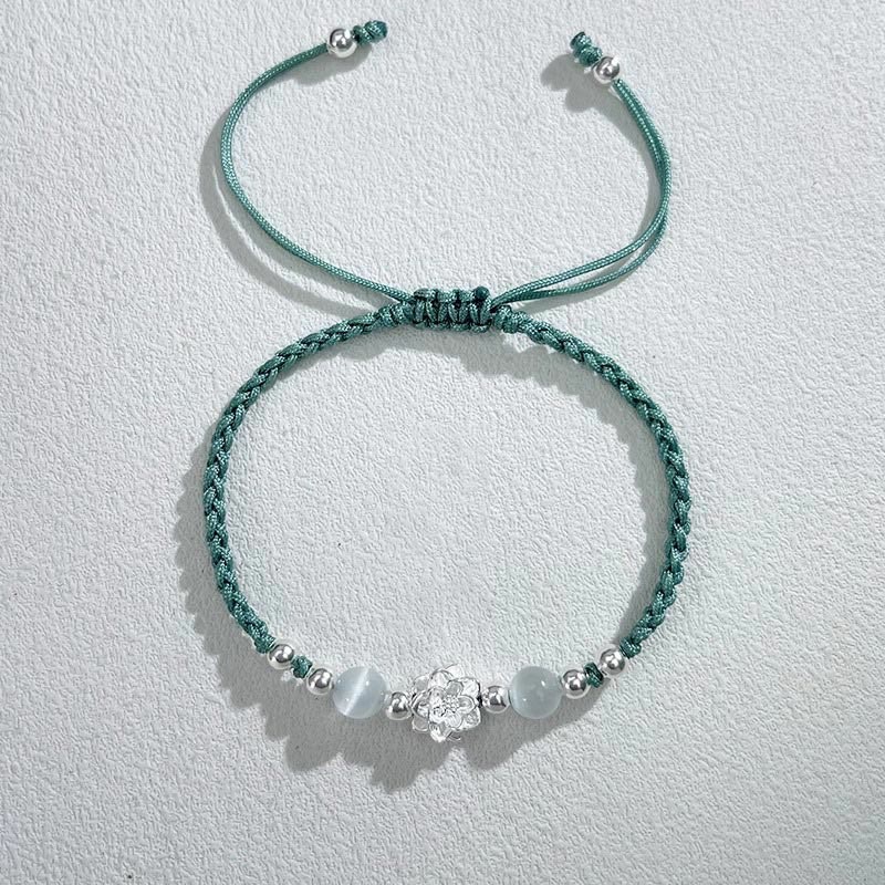 Braccialetto di protezione con perline occhio di gatto in argento sterling 999 con motivo a loto Buddha Stones