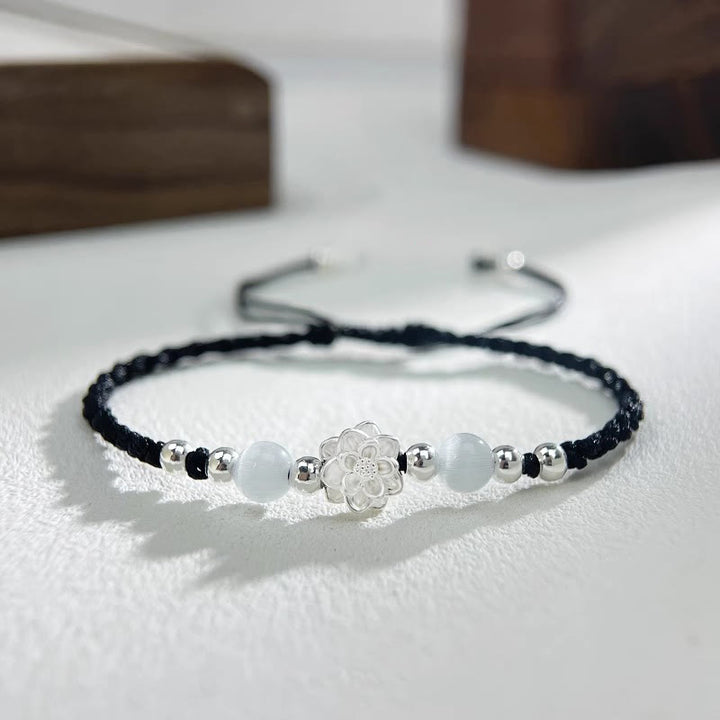 Braccialetto di protezione con perline occhio di gatto in argento sterling 999 con motivo a loto Buddha Stones