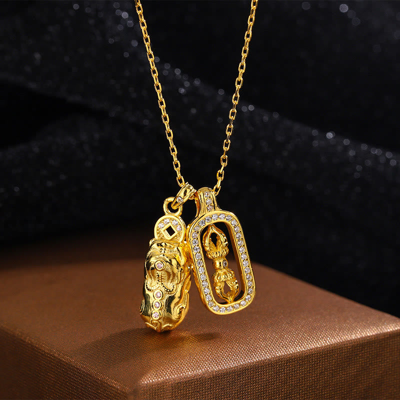 Collana con ciondolo Vajra Wealth in argento sterling 999 con moneta di rame Pixiu dorata e pietre Buddha Stones - PiXiu Vajra dorato in argento sterling 999 - image 1
