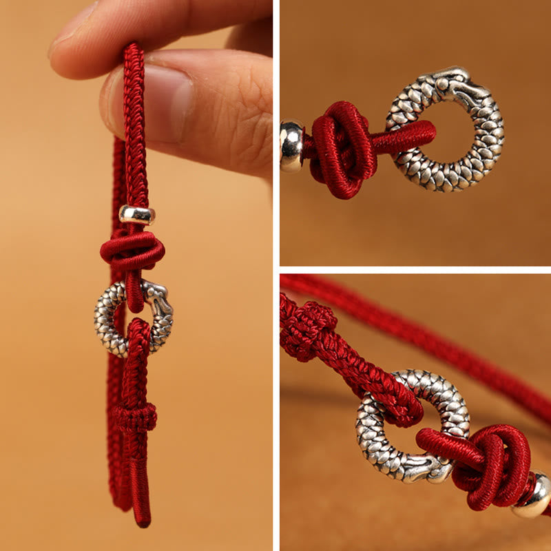 Braccialetto portafortuna con fibbia della pace dell'anno del drago in argento sterling 999 Buddha Stones