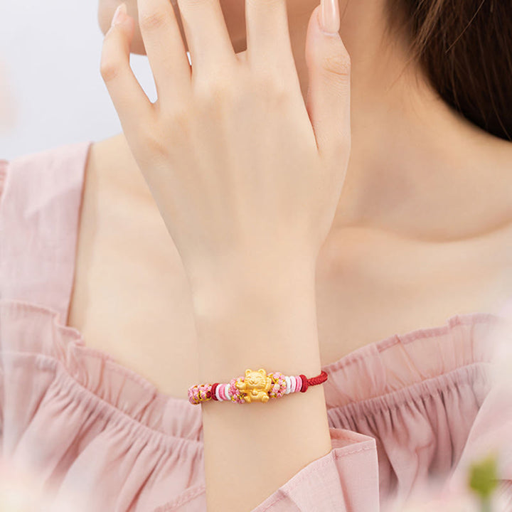 Buddha Stones Fatto a mano in argento sterling 999 Lingotto di gatto della fortuna Fiore di pesco Braccialetto di corda rossa - image 9