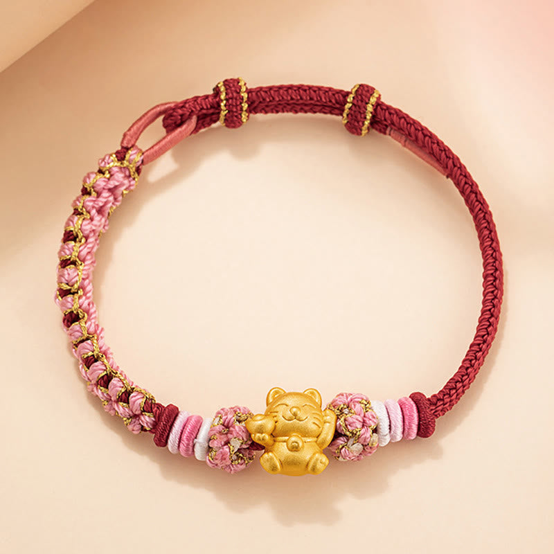 Buddha Stones Fatto a mano in argento sterling 999 Lingotto di gatto della fortuna Fiore di pesco Braccialetto di corda rossa - image 1