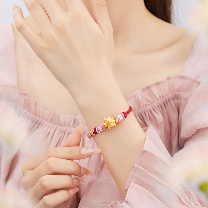 Buddha Stones Fatto a mano in argento sterling 999 Lingotto di gatto della fortuna Fiore di pesco Braccialetto di corda rossa - image 4