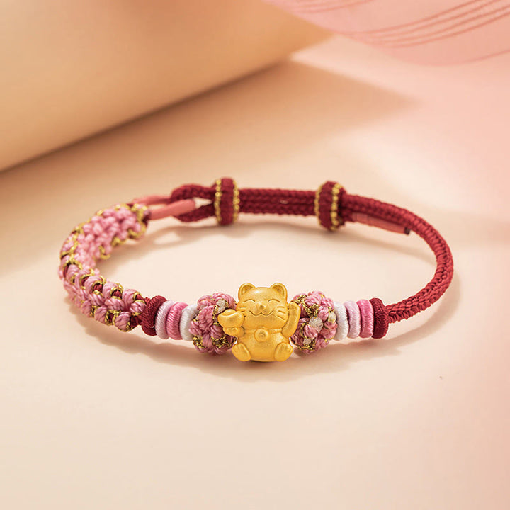 Buddha Stones Fatto a mano in argento sterling 999 Lingotto di gatto della fortuna Fiore di pesco Braccialetto di corda rossa - Corda rossa (circonferenza del polso 14-19 cm) - image 0