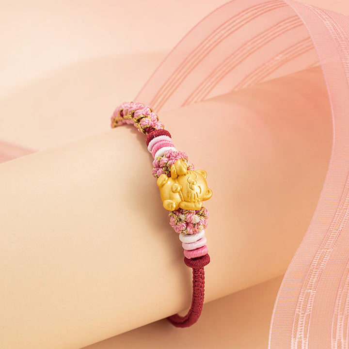 Buddha Stones Fatto a mano in argento sterling 999 Lingotto di gatto della fortuna Fiore di pesco Braccialetto di corda rossa - image 3