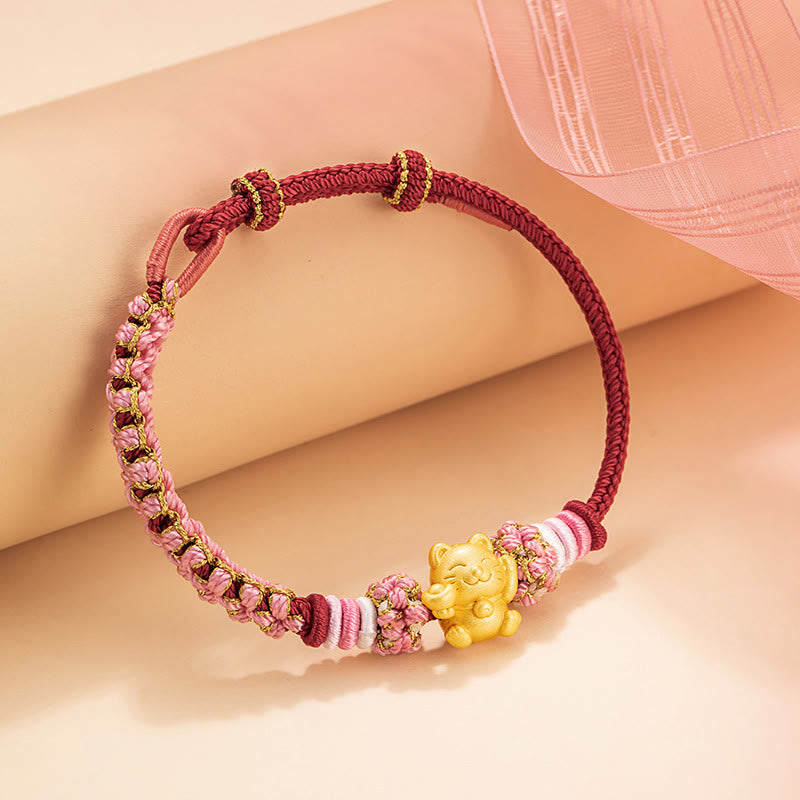 Buddha Stones Fatto a mano in argento sterling 999 Lingotto di gatto della fortuna Fiore di pesco Braccialetto di corda rossa - image 2