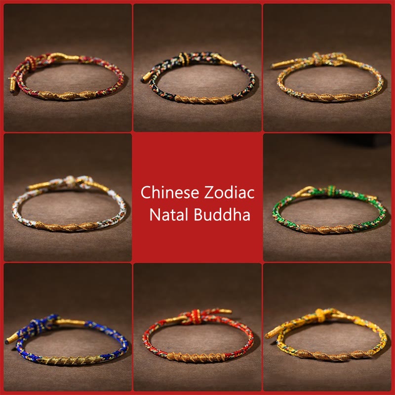 Braccialetto in corda intrecciata con Buddha Stones, fatto a mano, zodiaco cinese, Buddha natale, fortuna e forza