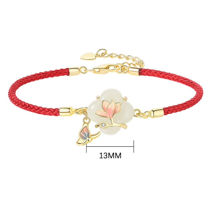 Bracciale Buddha Stones 925 Sterling Silver Hetian Jade Magnolia Flower Butterfly Luck Chain