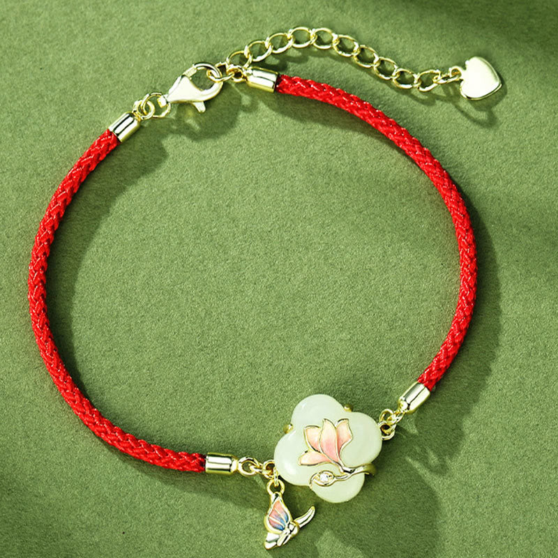 Bracciale Buddha Stones 925 Sterling Silver Hetian Jade Magnolia Flower Butterfly Luck Chain
