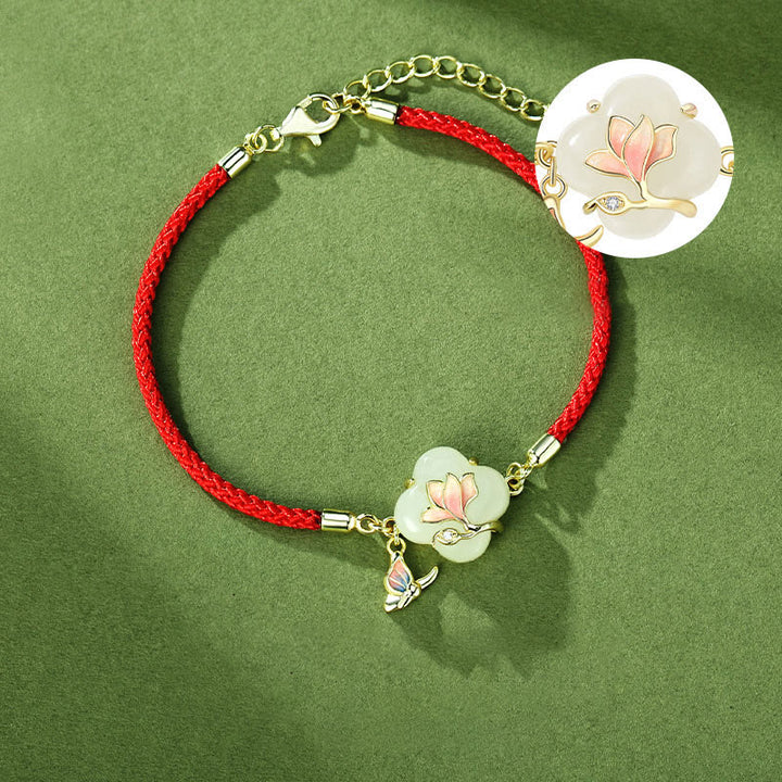 Bracciale Buddha Stones 925 Sterling Silver Hetian Jade Magnolia Flower Butterfly Luck Chain