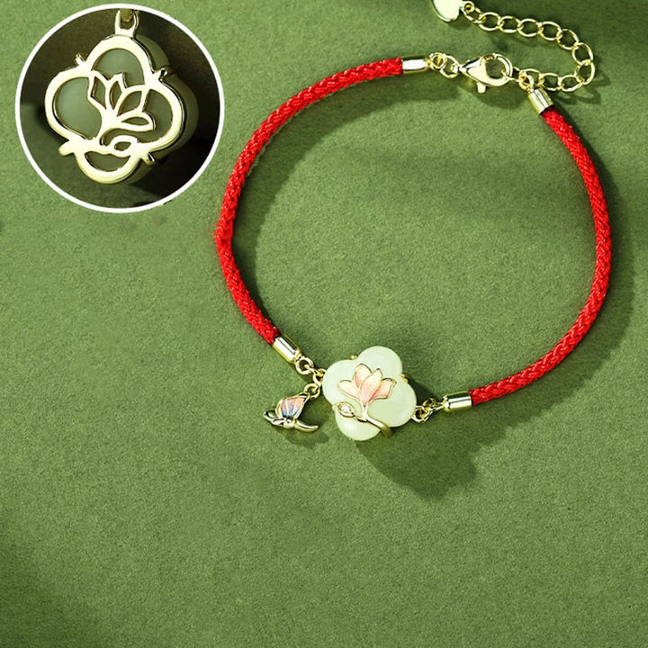 Bracciale Buddha Stones 925 Sterling Silver Hetian Jade Magnolia Flower Butterfly Luck Chain