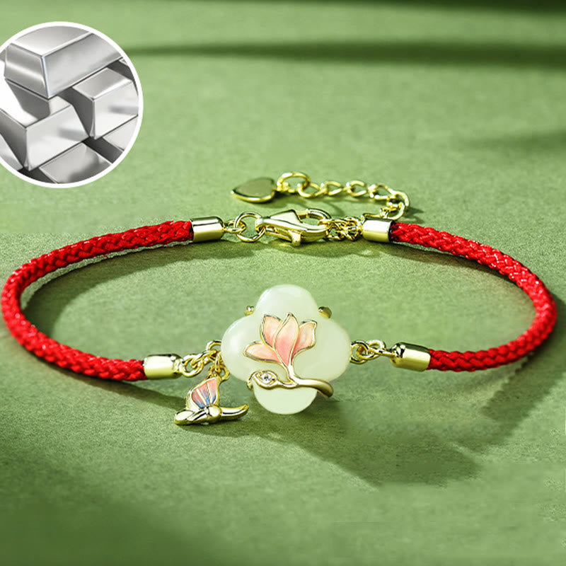 Bracciale Buddha Stones 925 Sterling Silver Hetian Jade Magnolia Flower Butterfly Luck Chain