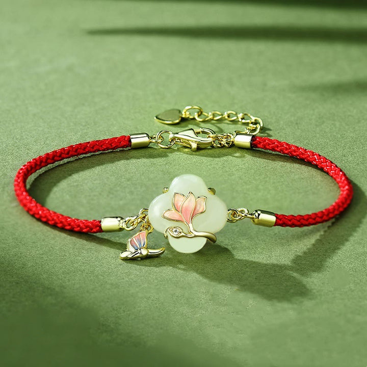 Bracciale Buddha Stones 925 Sterling Silver Hetian Jade Magnolia Flower Butterfly Luck Chain
