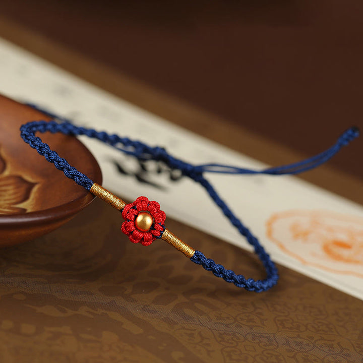 Braccialetto di corda di protezione della fortuna con design a fiori fatto a mano con perline in oro 999 Buddha Stones - Perlina blu da 4 mm (circonferenza polso 14-18 cm) - image 7