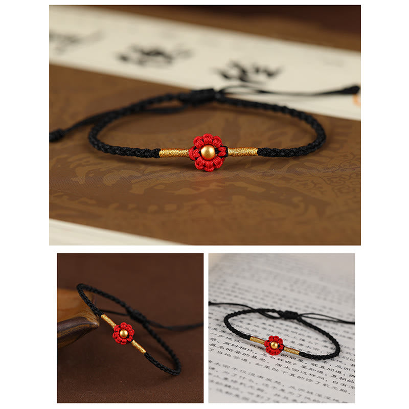 Braccialetto di corda di protezione della fortuna con design a fiori fatto a mano con perline in oro 999 Buddha Stones