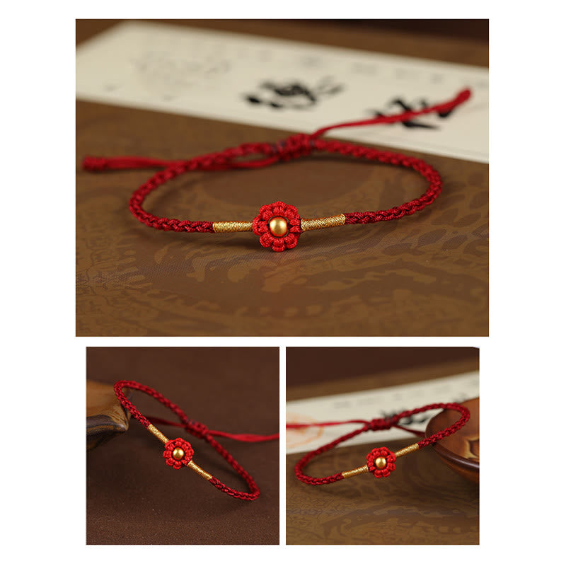 Braccialetto di corda di protezione della fortuna con design a fiori fatto a mano con perline in oro 999 Buddha Stones