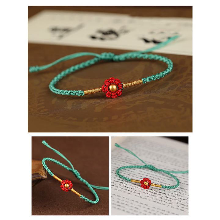 Braccialetto di corda di protezione della fortuna con design a fiori fatto a mano con perline in oro 999 Buddha Stones