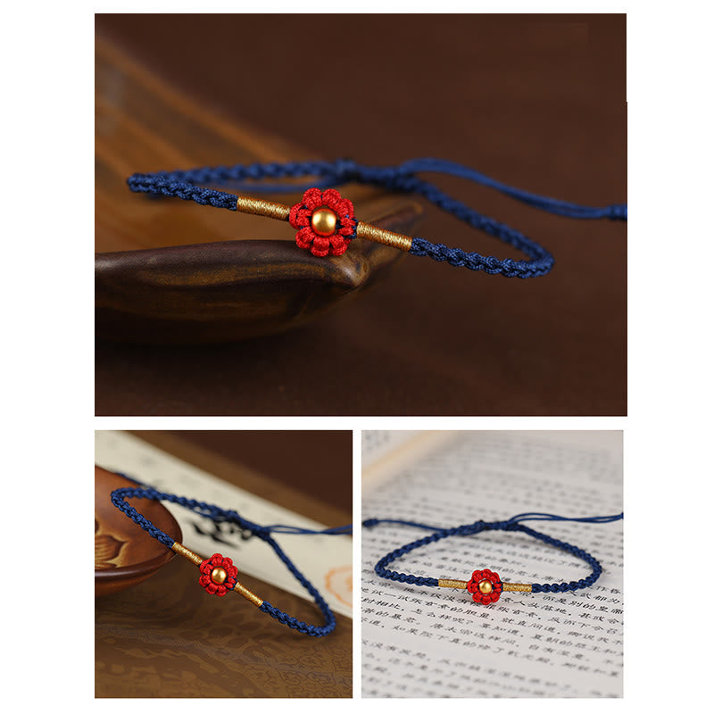 Braccialetto di corda di protezione della fortuna con design a fiori fatto a mano con perline in oro 999 Buddha Stones