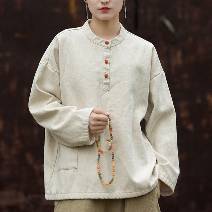 Camicia da donna in lino ramiè a maniche lunghe, termica, retrò, tinta unita, Buddha Stones