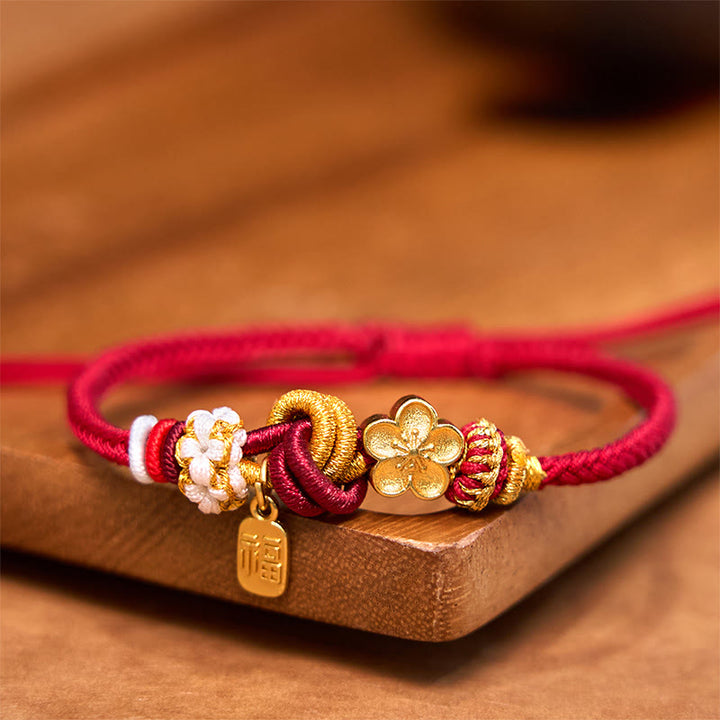 Braccialetto con corda rossa Buddha Stones, ciondolo felicità, fiori di pesco