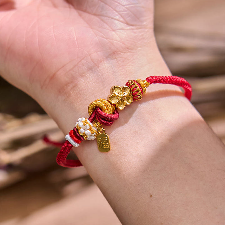 Braccialetto con corda rossa Buddha Stones, ciondolo felicità, fiori di pesco