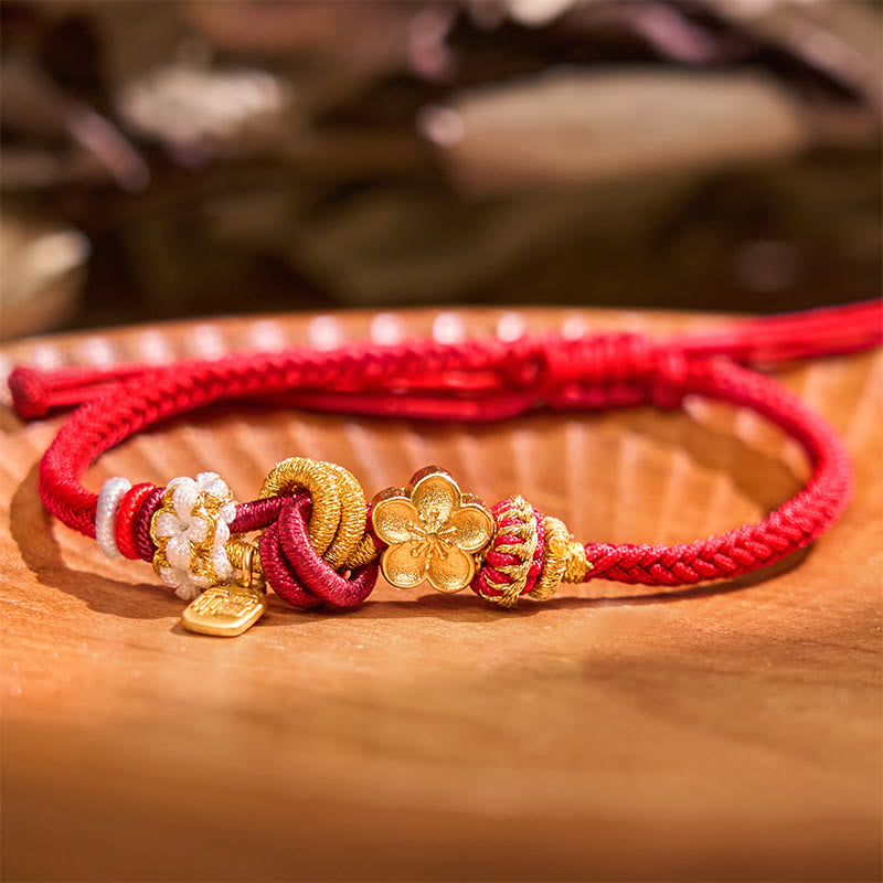 Braccialetto con corda rossa Buddha Stones, ciondolo felicità, fiori di pesco
