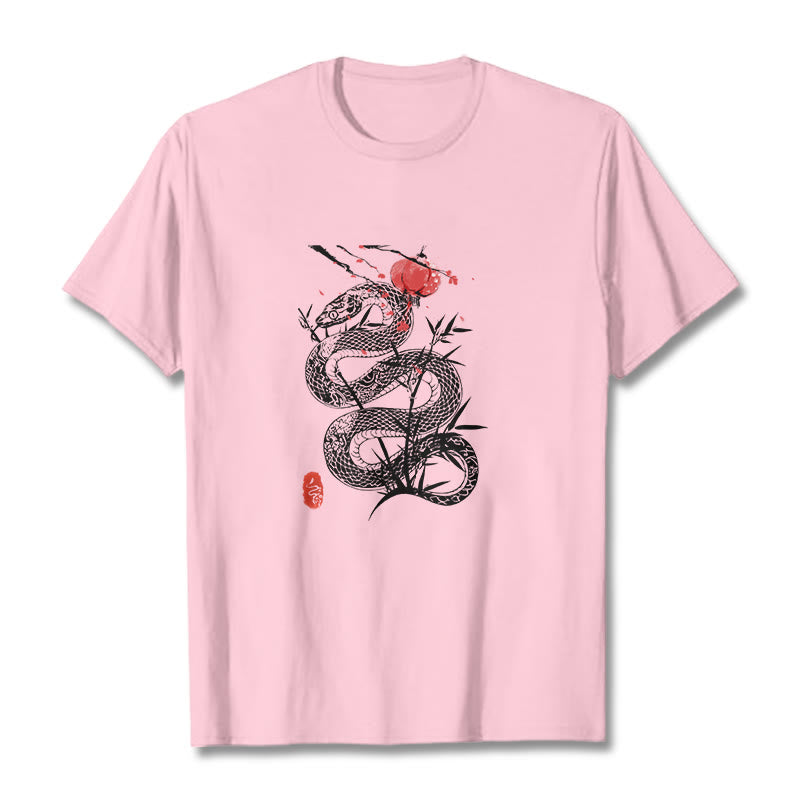 Maglietta in cotone con motivo a serpente, lanterna con Buddha Stones e foglie di bambù - Rosa chiaro - 2XL - image 18