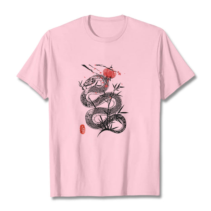 Maglietta in cotone con motivo a serpente, lanterna con Buddha Stones e foglie di bambù - Rosa chiaro - 2XL - image 18